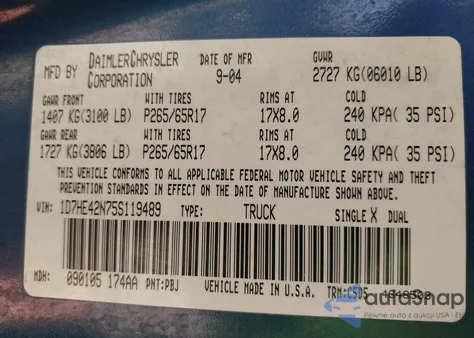 2005 Dodge Dakota Slt из США, поврежденный, VIN 1D7HE42N75S119489